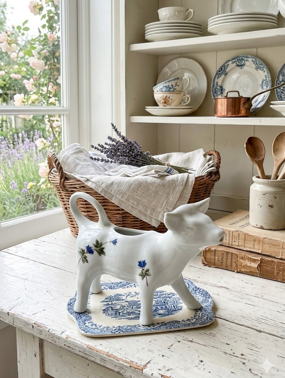Pillivuyt France BIA Cordon Bleu Porcelain Cow Creamer Vintage Blue Floral Z 631